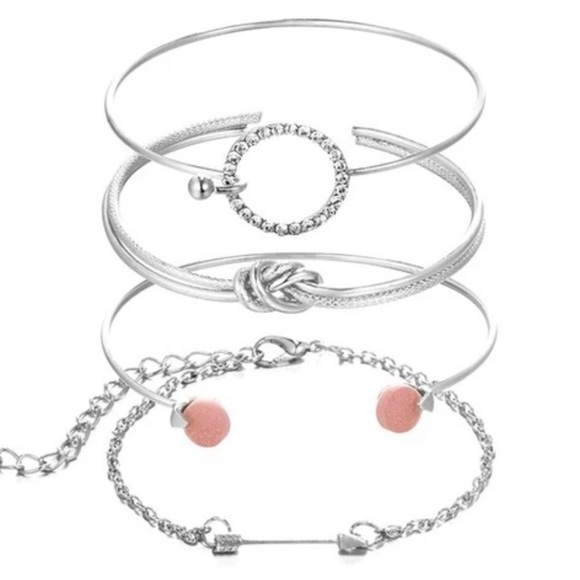 Layered Silver Metal Knotted Ring 4pc Bracelet Set - Picture 2 of 2